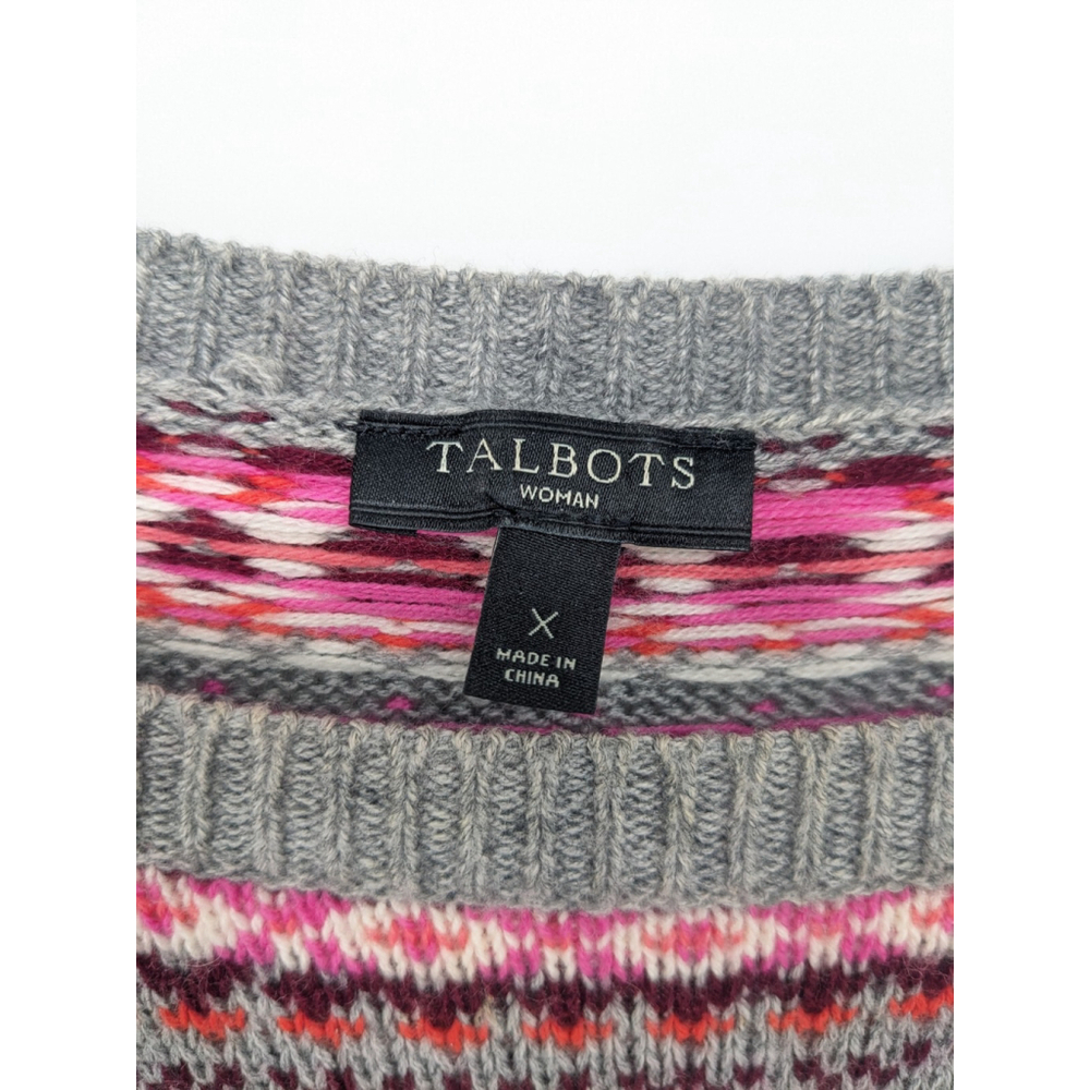 Talbots Sweater Womens Plus 14W Gray Pink‎ Lambswool Blend Fair Isle Grandpa - Picture 6 of 9